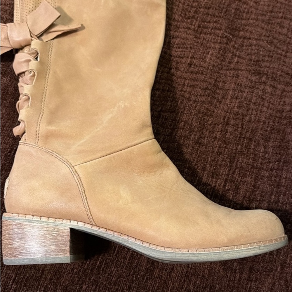 UGG Beige Suede Mid-Calf Heeled Boots with Back Lace Detail